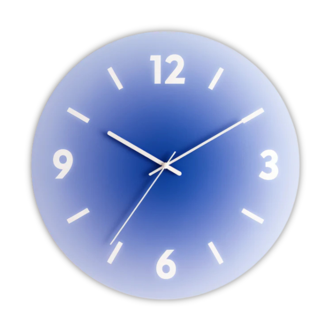 Horloge murale minimaliste, dégradé de couleurs vives, design moderne pour salon ou bureau.