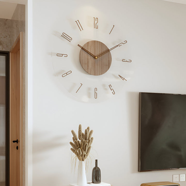 Élégante horloge murale design silencieuse avec grands chiffres, idéale pour une ambiance sereine au salon.