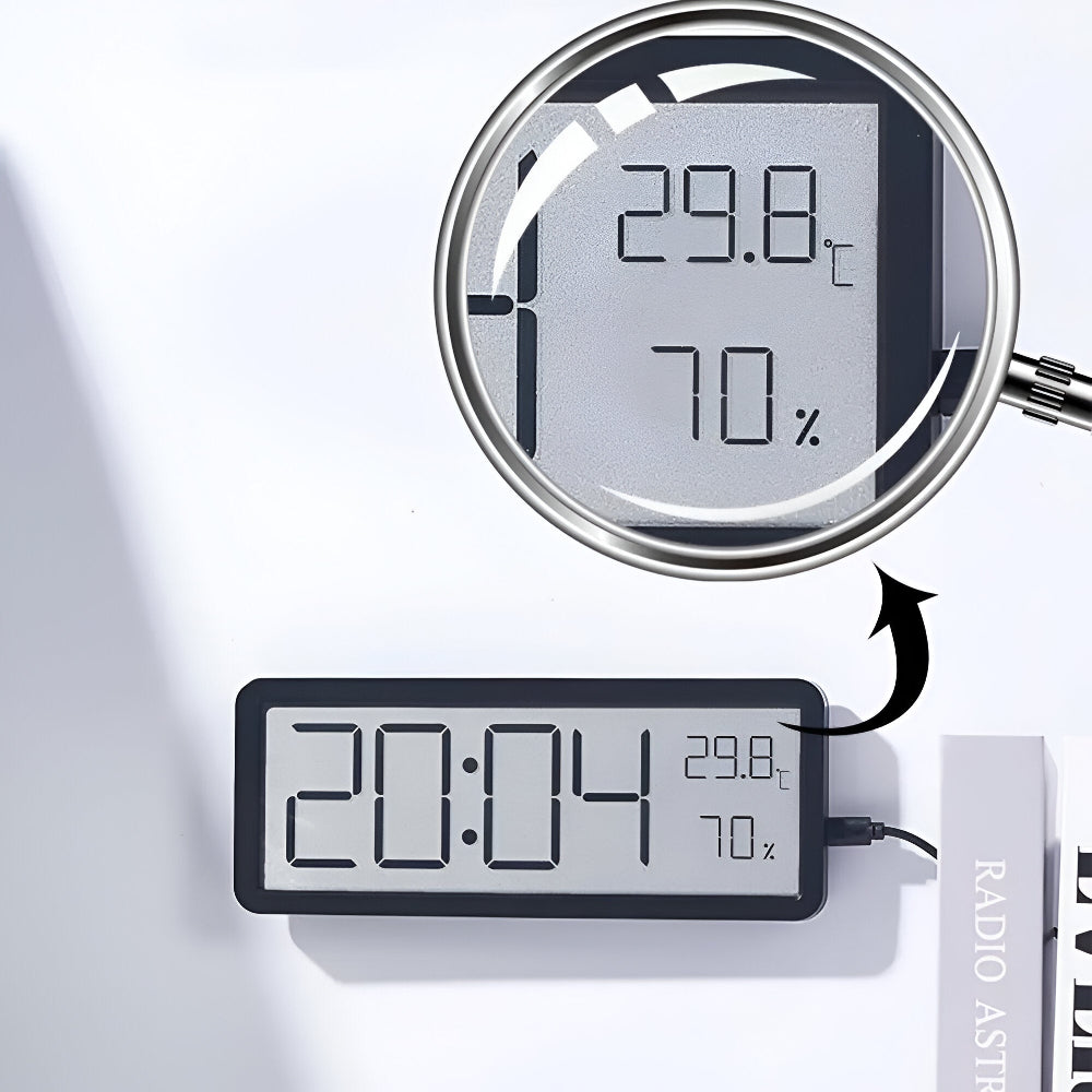 Horloge murale numérique LED design, intégrant affichage de température, humidité et calendrier pour un espace moderne.