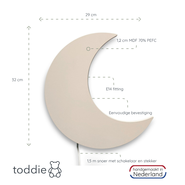 Applique murale lune beige en MDF. Lampe douce et apaisante pour chambre de bébé ou enfant.