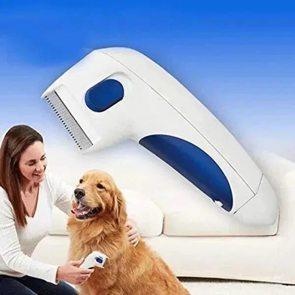 Gros plan sur les dents fines du peigne électrique anti-puces pour animaux, pour un toilettage précis.