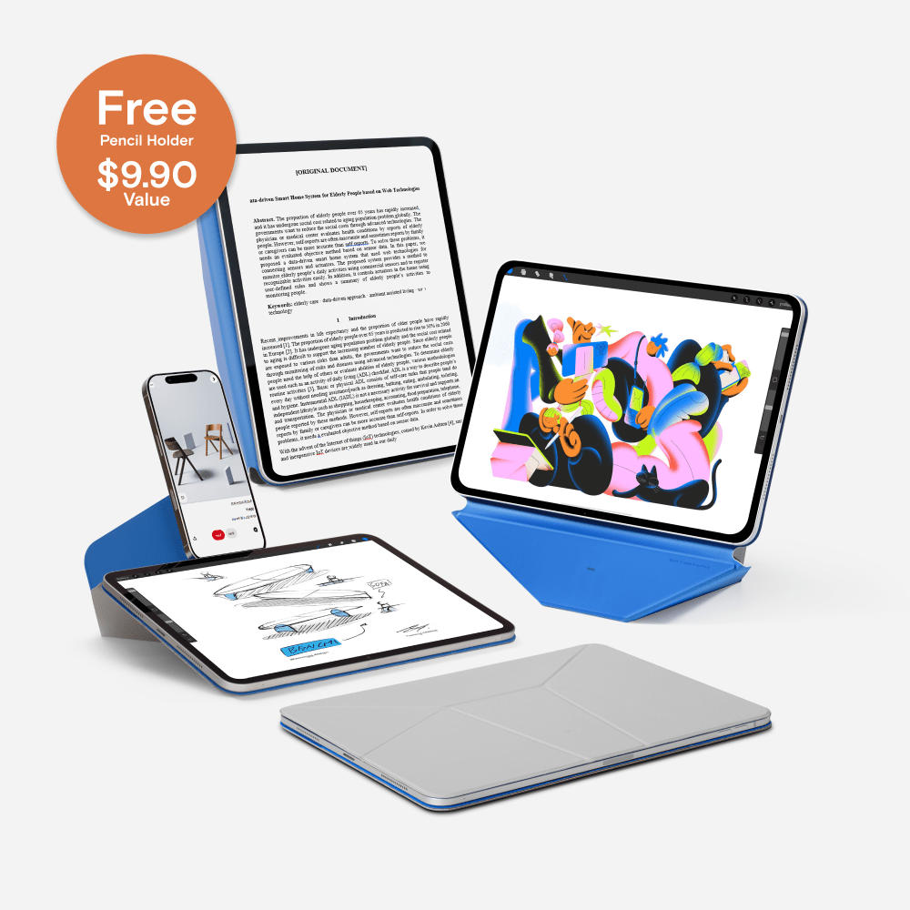 Accessoire iPad, housse folio dynamique noire, idéal pour travail mobile et loisirs.