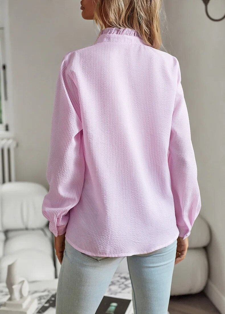 Chemisier polyvalent femme, col montant, manches longues. Pour une tenue bureau professionnelle ou un look chic.