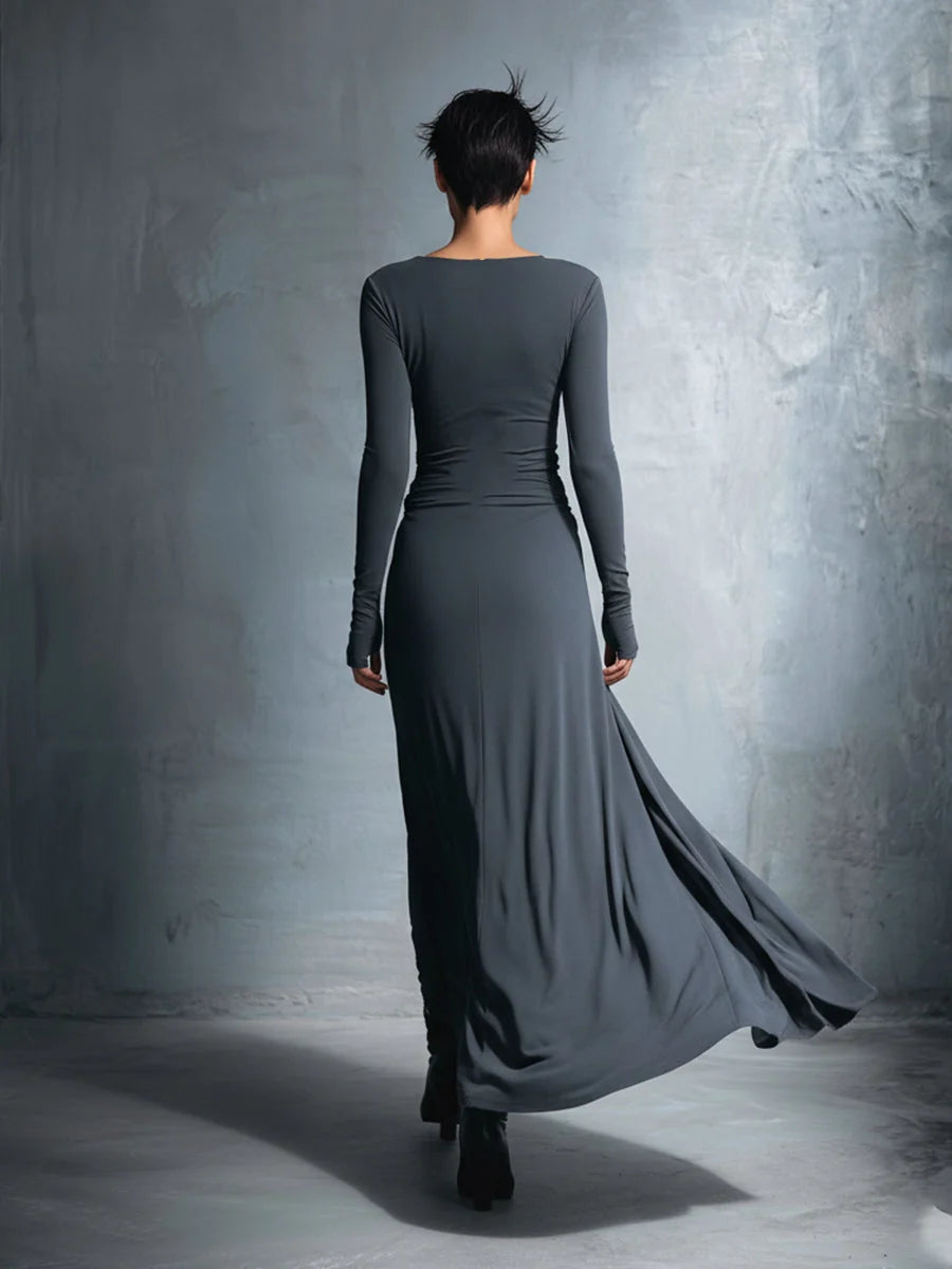 Robe longue portefeuille confortable pour femme, avec nœud et manches longues, idéale printemps/automne.