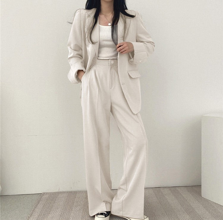 Tailleur femme élégant et décontracté, ensemble deux pièces style coréen, veste et pantalon fluide été.