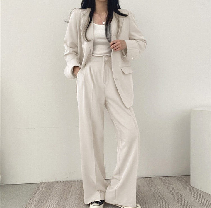 Tailleur femme élégant et décontracté, ensemble deux pièces style coréen, veste et pantalon fluide été.