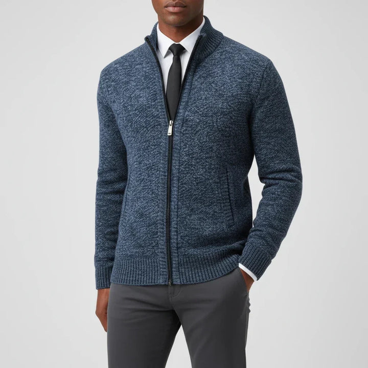 Cardigan homme d'hiver chaud et décontracté, col montant protégeant du froid, style polyvalent élégant.