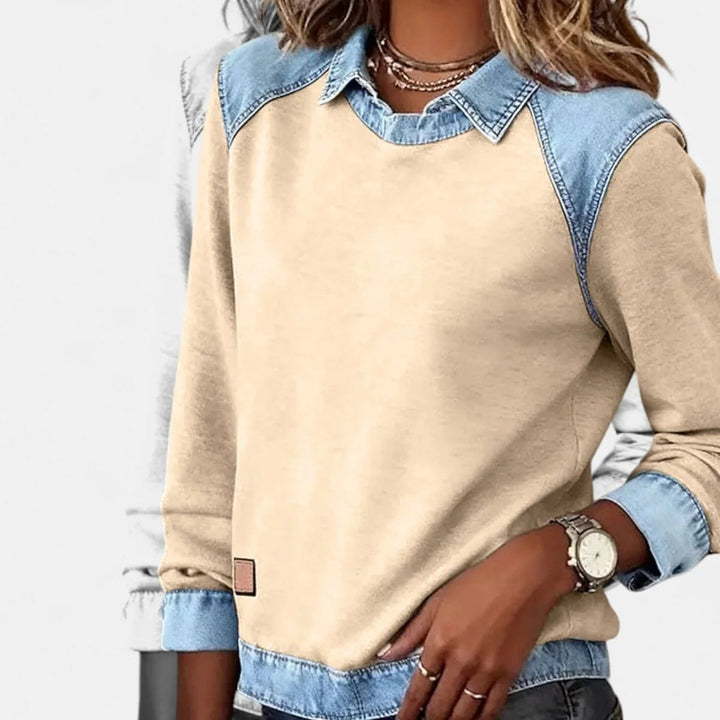 Pull élégant femme, col chemise contrastant, coupe contemporaine, parfait pour l'automne-hiver.