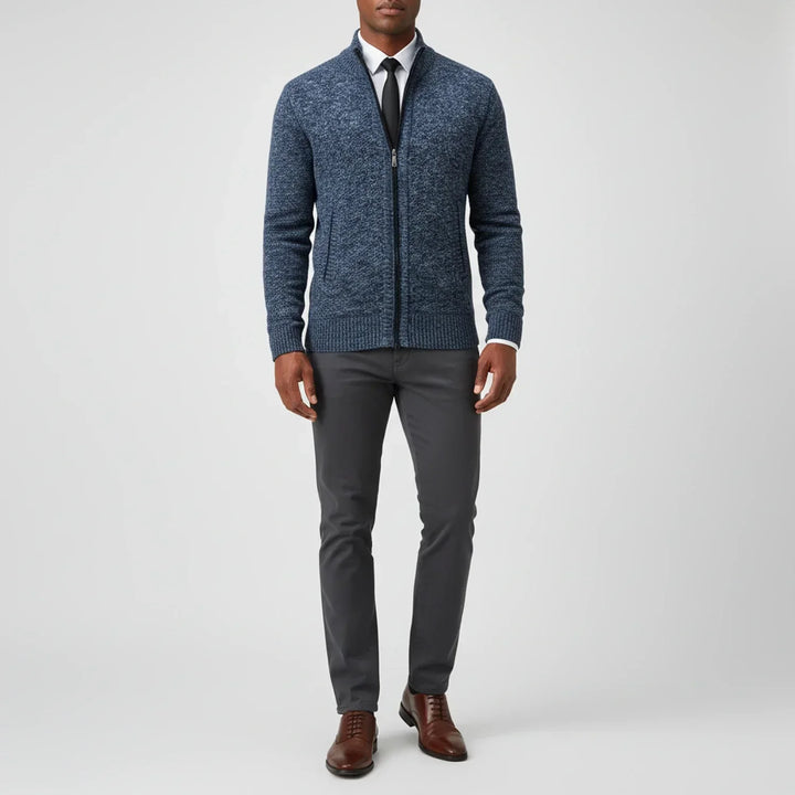 Cardigan homme bleu marine, col montant zippé, pull décontracté polyvalent pour un confort quotidien.