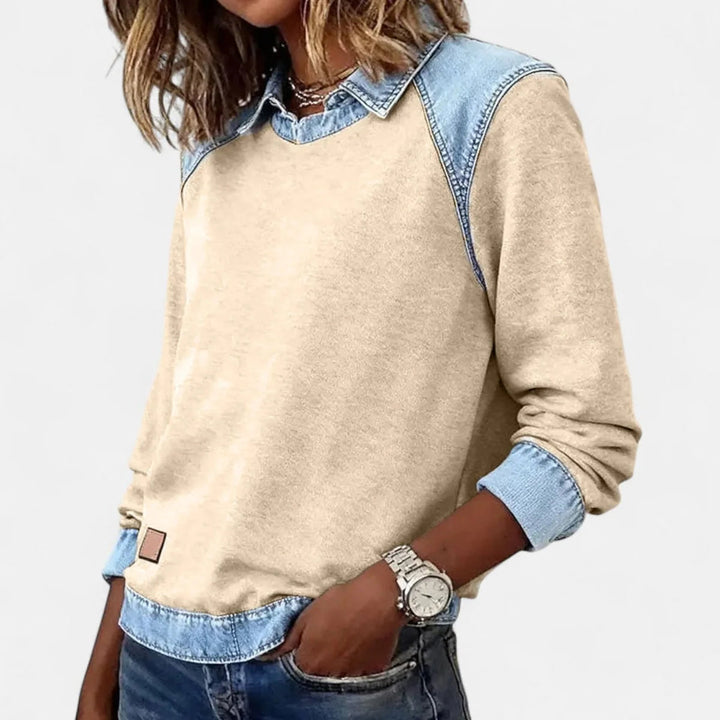 Haut femme moderne, pull élégant avec col chemise contrastant, look polyvalent automne/hiver.