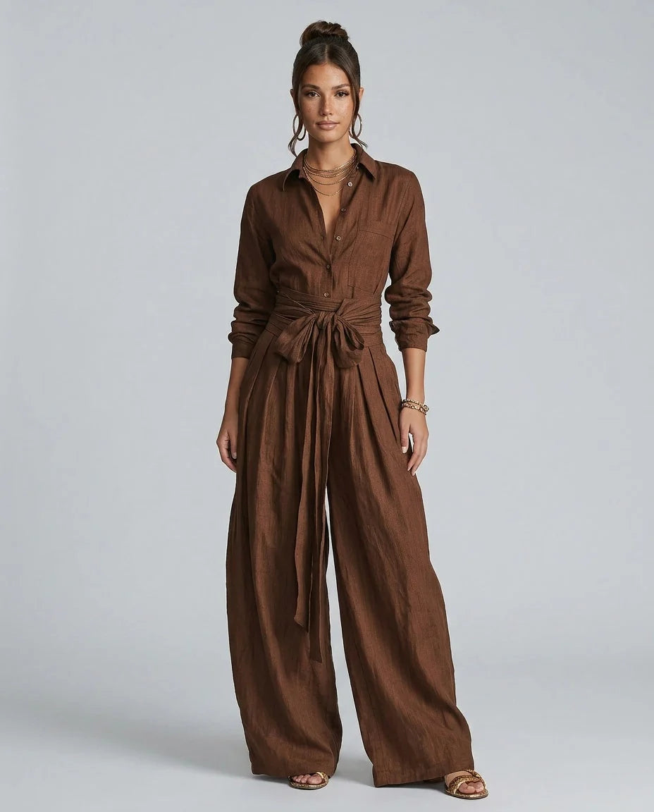 Ensemble deux pièces femme élégant en lin coton avec pantalon large et chemisier. Idéal printemps/été chic.