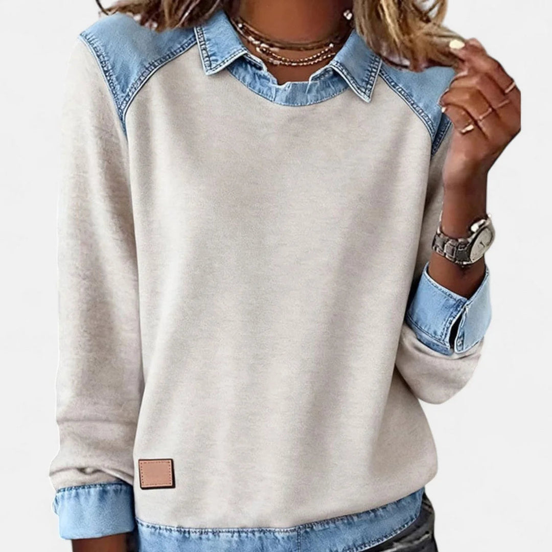 Pull femme chic en maille, col chemise blanc contrastant, coupe moderne pour l'automne.