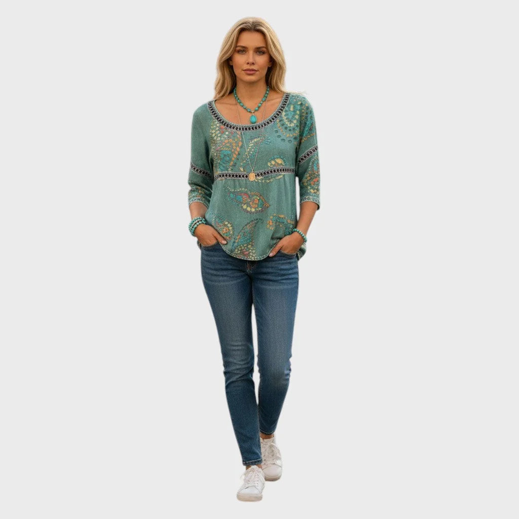 Vêtement confortable mode femme, top à motif floral 3D, encolure ronde, style bohème.