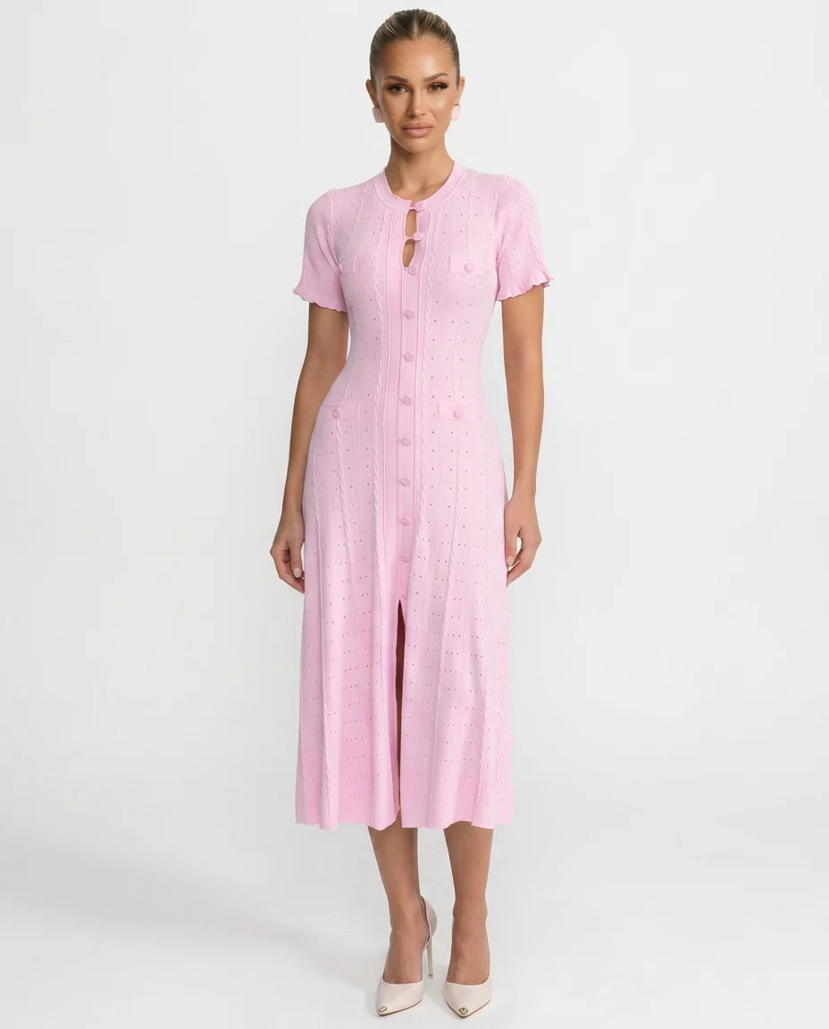 Robe midi femme élégante et chic, en tissu côtelé, ornée de boutons, idéale pour le printemps-été.
