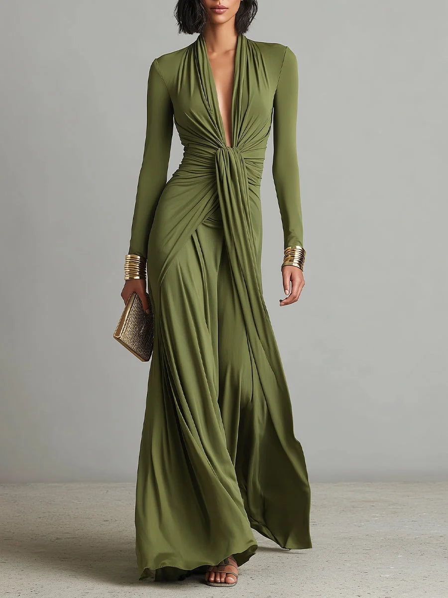 Robe maxi femme élégante vert armée, texturée, style français fluide. Idéale pour le printemps et l'été.