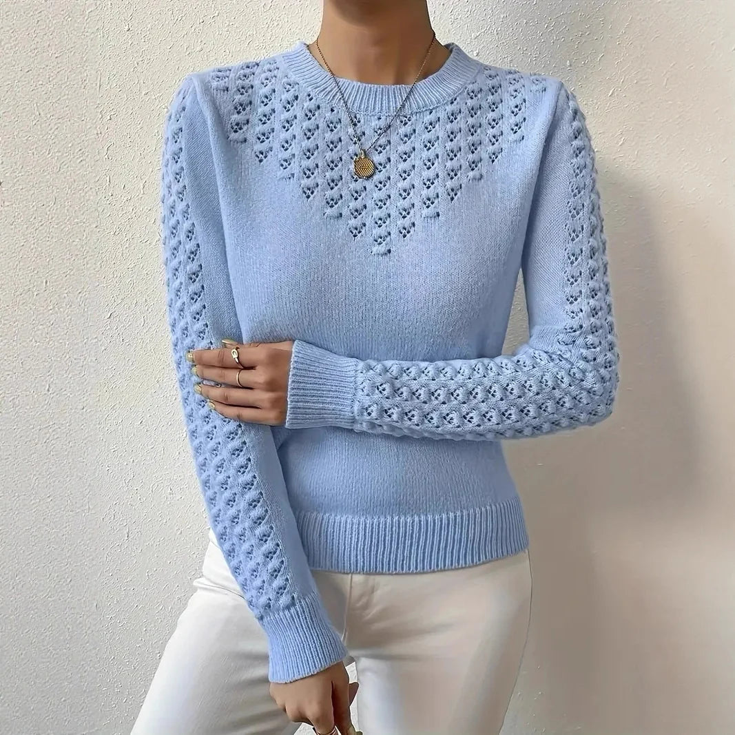 Pull femme élégant en maille ajourée, coupe ajustée et col rond. Idéal pour un look chic automne hiver.