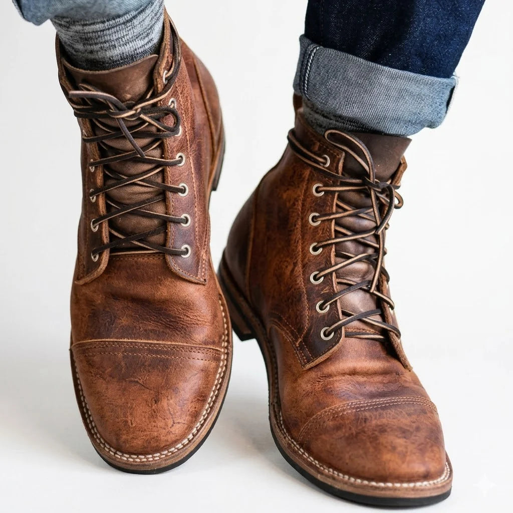 Bottes homme élégantes à lacets marron, style urbain décontracté. Parfaites pour l'automne et l'hiver, confort quotidien.