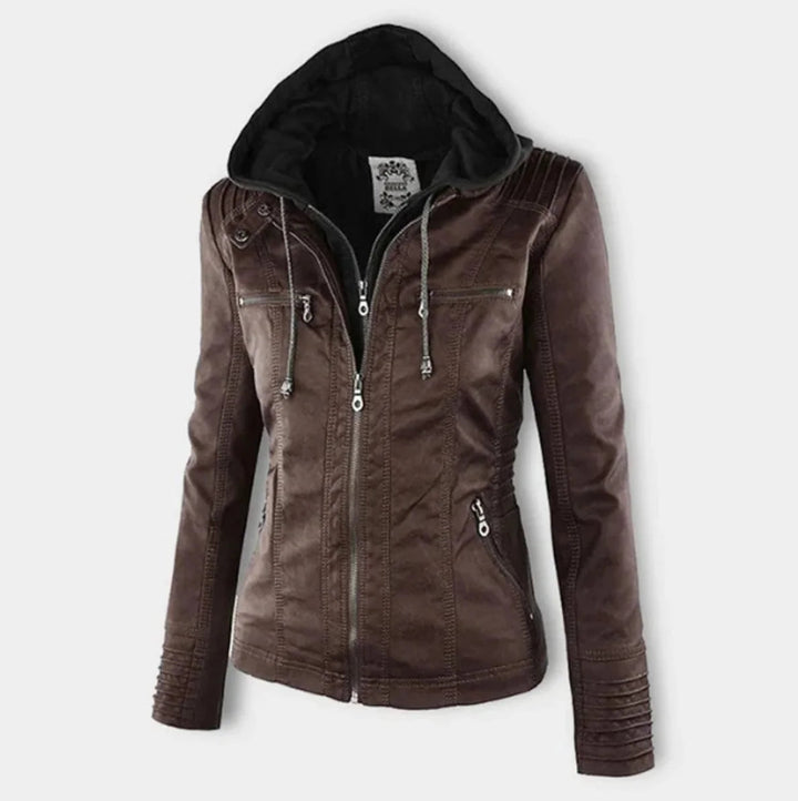 Veste femme moto cintrée élégante avec capuche amovible. Style urbain chic pour l'automne/hiver.