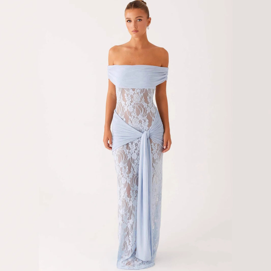 Robe fourreau femme élégante en dentelle découpée noire, parfaite pour une soirée chic et ajustée.