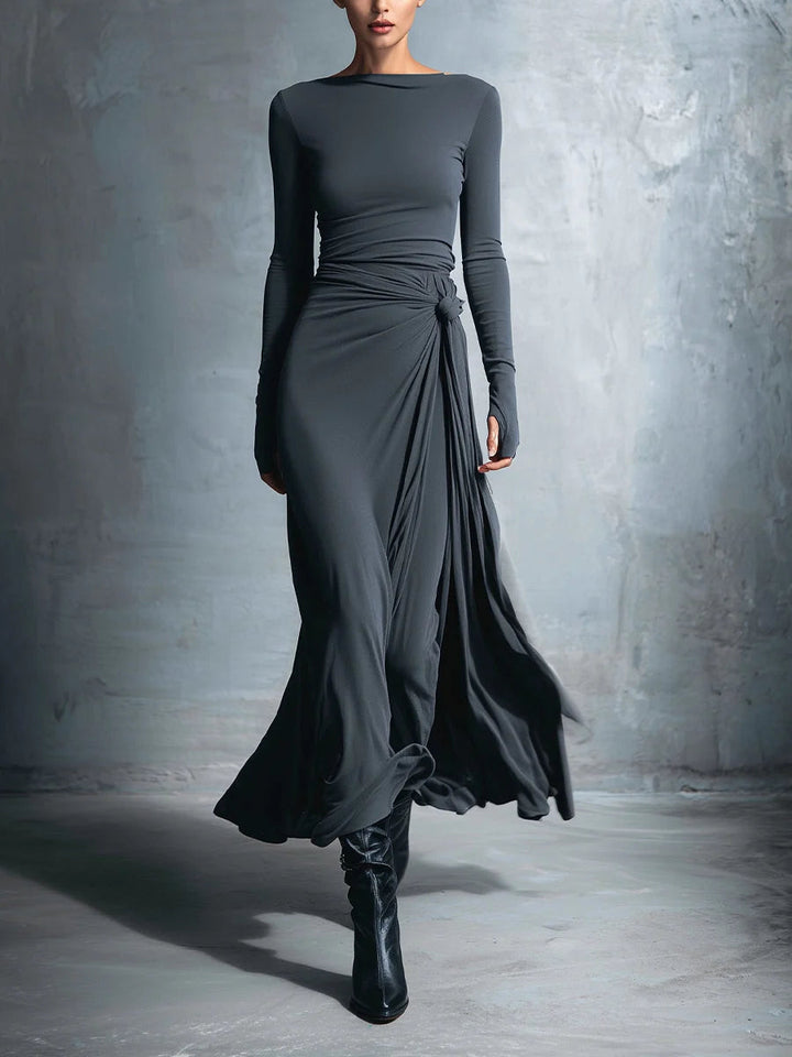 Robe maxi portefeuille femme élégante à nœud, manches longues, parfaite pour soirée ou style chic.