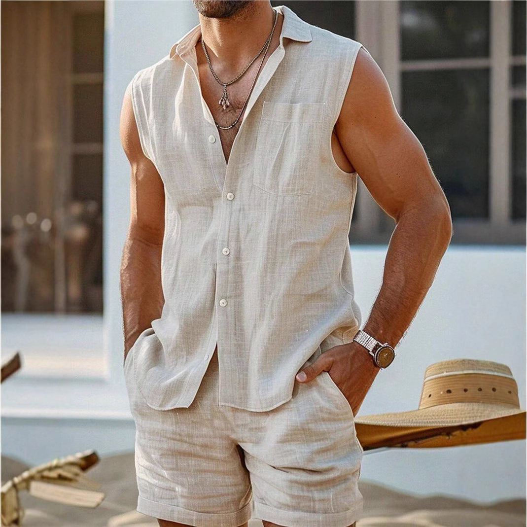Ensemble homme décontracté été en coton mélangé, t-shirt sans manches et short. Confort estival garanti.