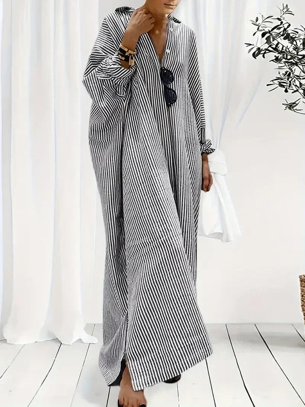 Robe longue femme à rayures style cardigan avec col V, parfaite pour l'élégance décontractée.