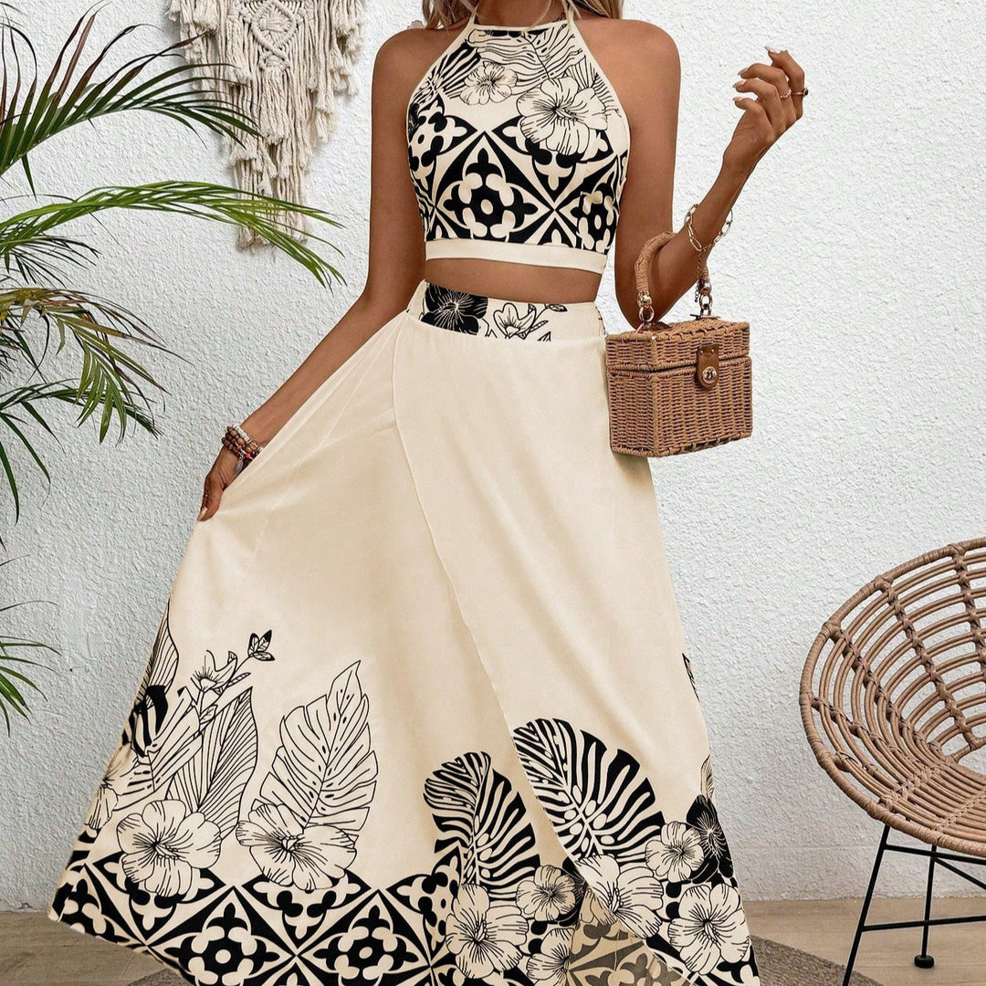 Tenue slim femme imprimé floral, style élégant, parfaite pour la mode estivale. Vêtement deux pièces.