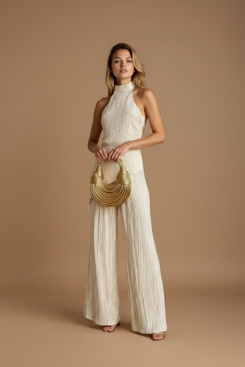 Tenue mode femme: ensemble deux pièces avec top asymétrique moderne et pantalon plissé fluide. Parfait pour un style chic.