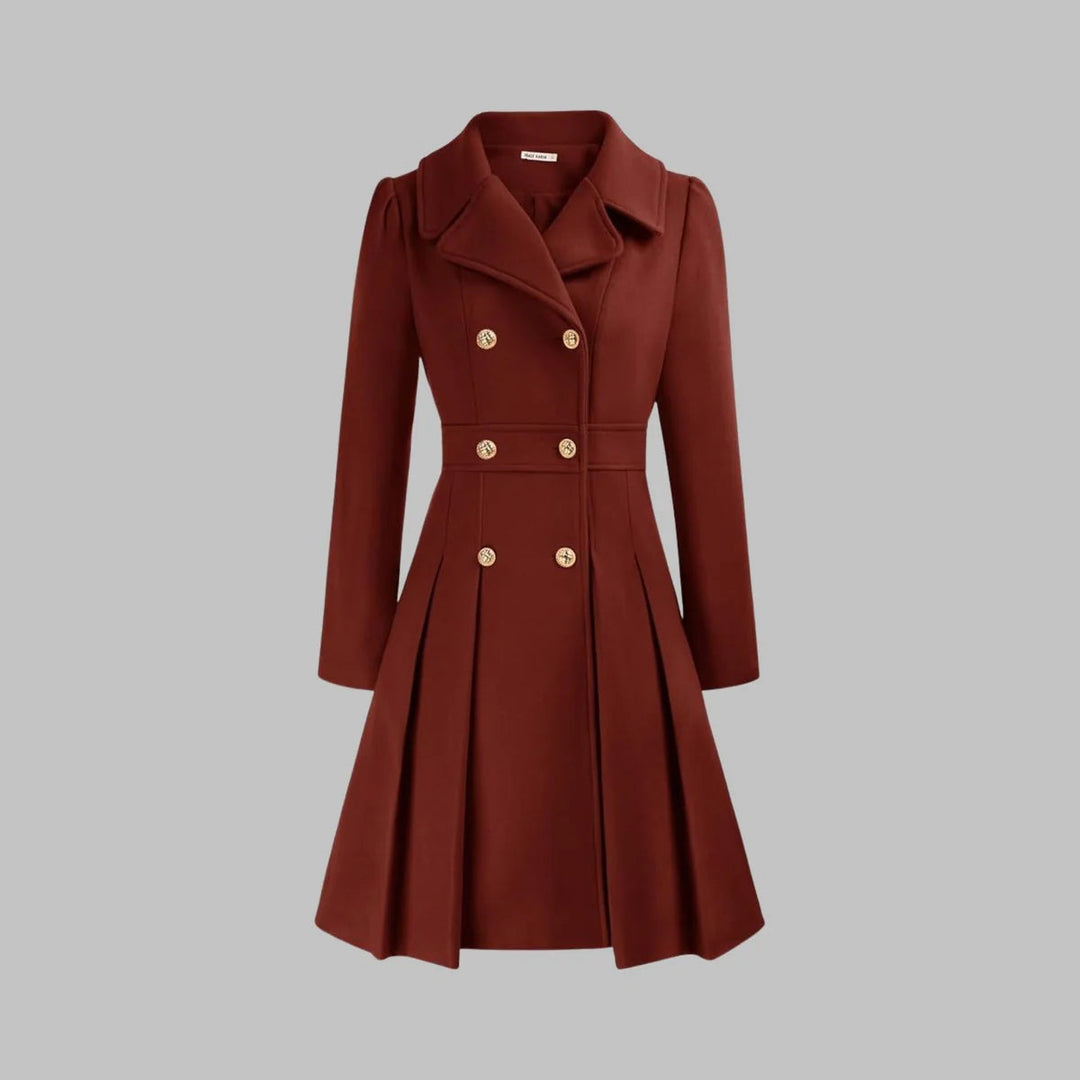 Manteau femme A-ligne plissé, double boutonnage. Style élégant et chic, parfait pour l'hiver et les tenues de ville.