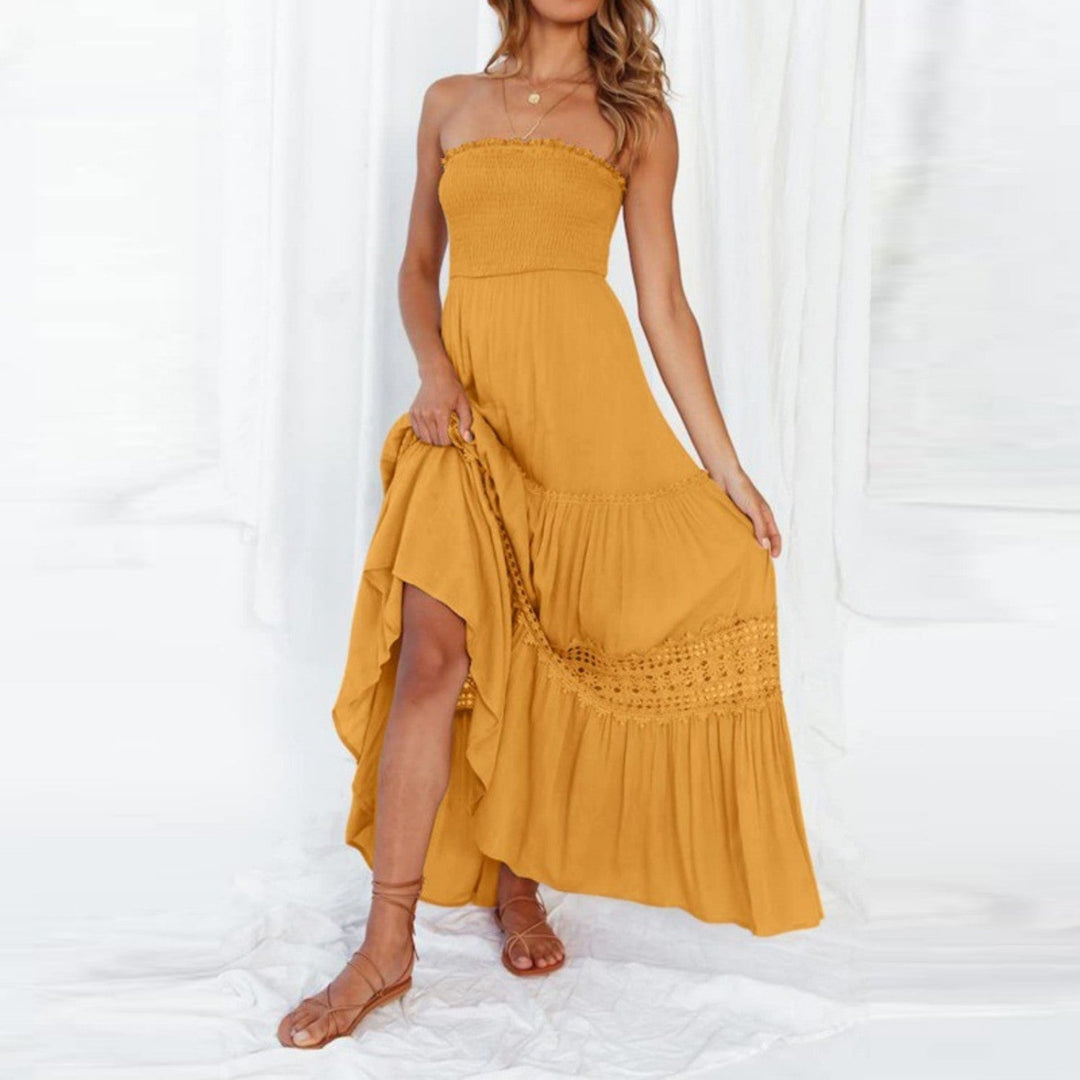 Robe longue femme décontractée avec dentelle patchwork, parfaite pour l'été et les vacances.