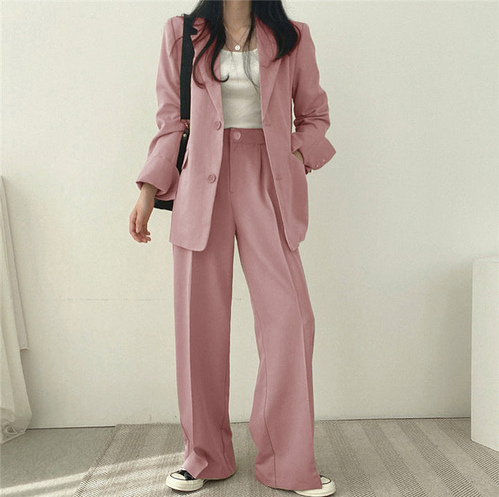 Ensemble tailleur femme décontracté style coréen, veste fluide et pantalon élégant pour l'été.