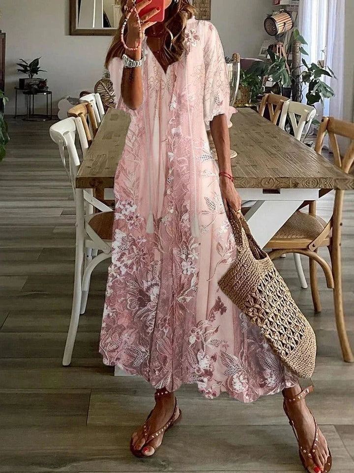 Robe maxi femme rose élégante avec broderie et dentelle. Confort décontracté, idéale printemps-été.