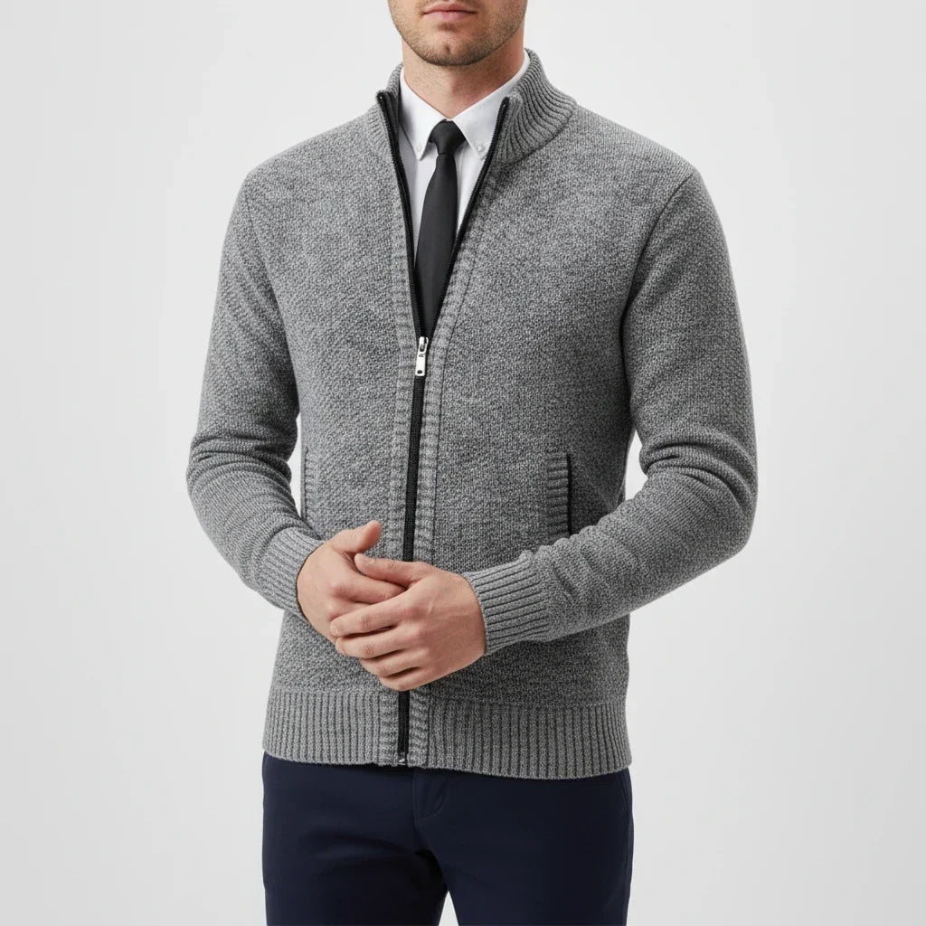 Cardigan pull homme en tricot fin, col montant pour chaleur et style décontracté, parfait automne-hiver.