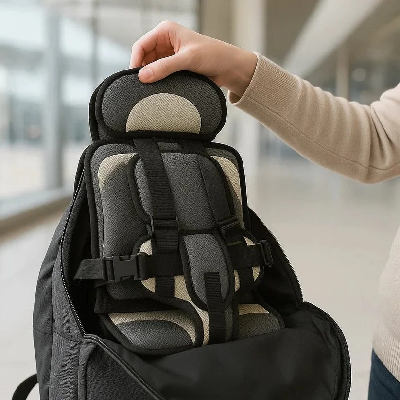 Siège enfant portable et compact avec harnais 5 points pour un voyage facile.