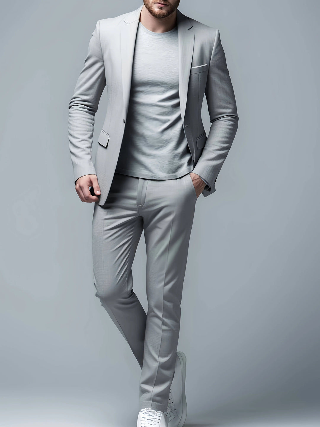 Costume deux pièces homme coupe slim structuré. Idéal pour affaires, cérémonie, ou mariage. Élégant ensemble veste et pantalon.
