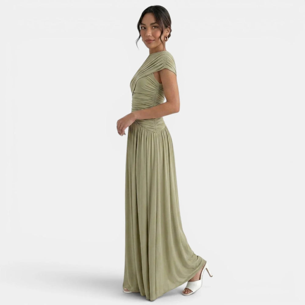 Robe longue femme bodycon plissée, élégante taille haute asymétrique, couleur sophistiquée.