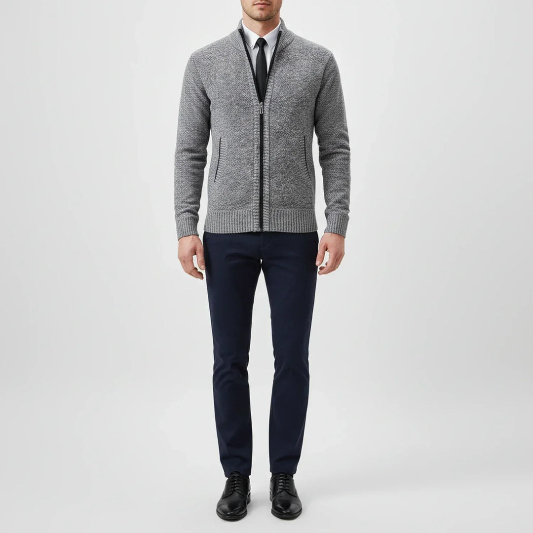 Veste pull homme décontractée, cardigan zippé à col montant, idéal pour les journées fraîches d'automne.
