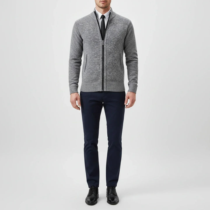 Veste pull homme décontractée, cardigan zippé à col montant, idéal pour les journées fraîches d'automne.