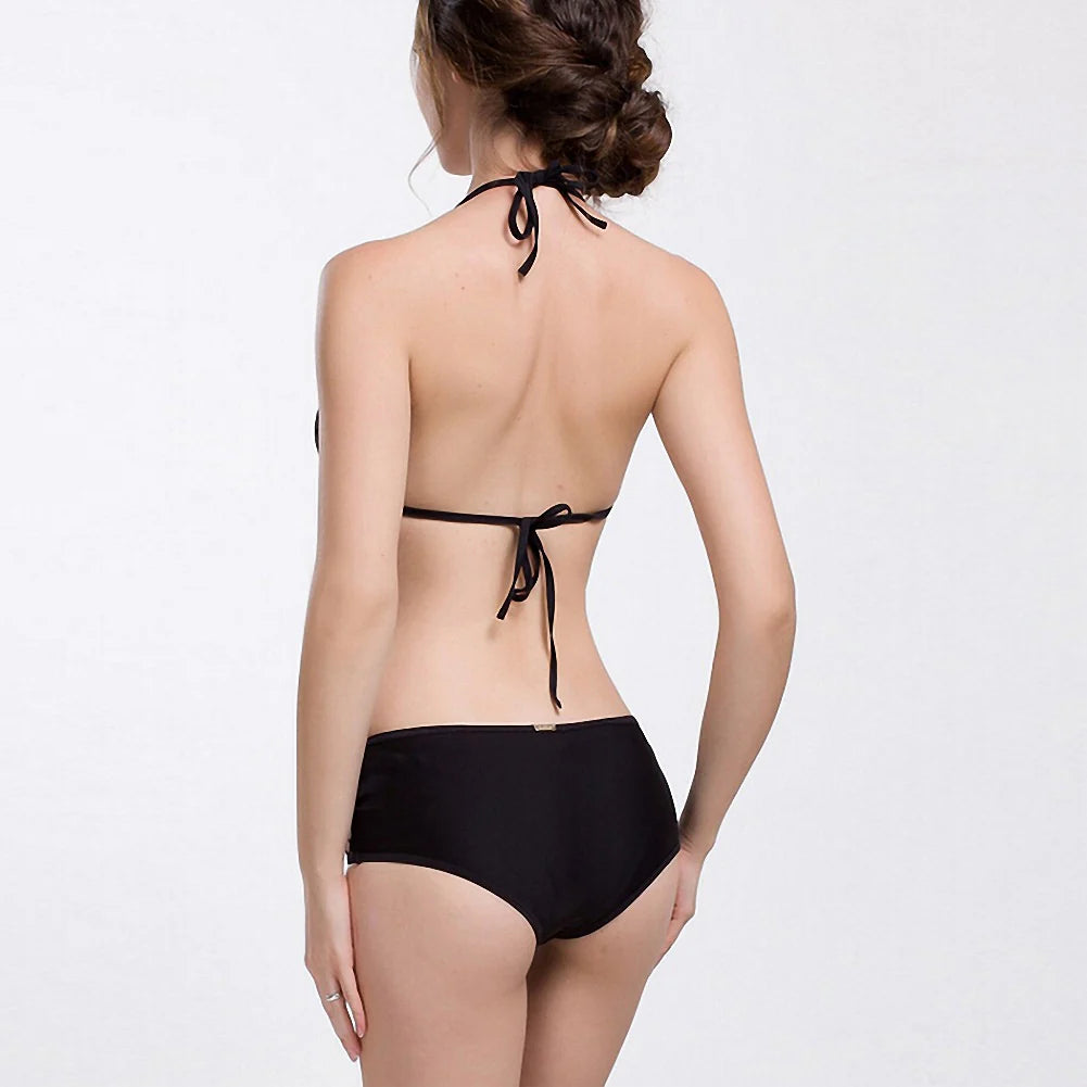 Maillot de bain bikini femme résille noir confortable, idéal pour nager et la plage en été.