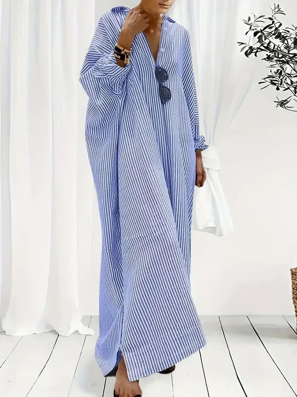 Robe longue cardigan femme polyvalente à rayures, idéale pour le printemps et l'été, élégance décontractée.