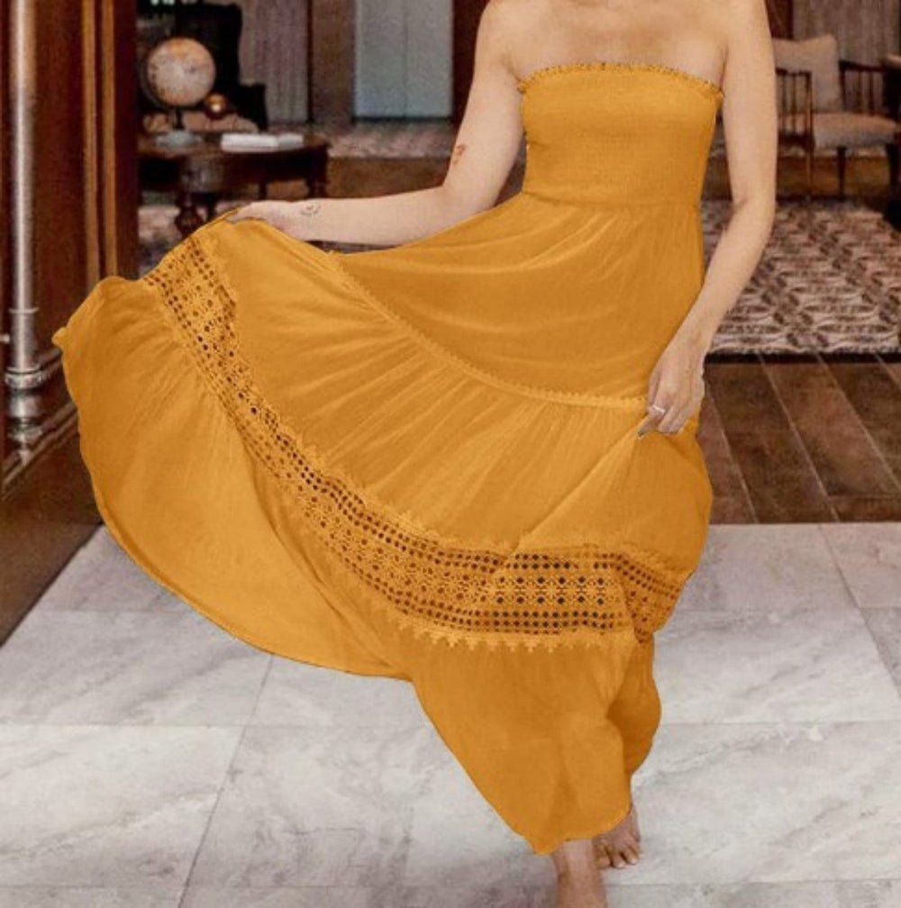 Élégante robe longue d'été sans manches en dentelle patchwork pour femme, idéale printemps/vacances.