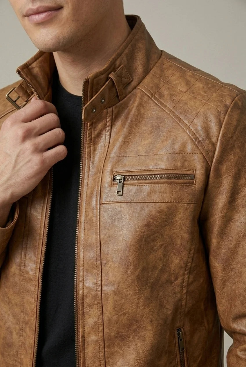 Mode masculine : veste homme moderne et élégante, col montant zippé, idéale pour un style urbain chic.