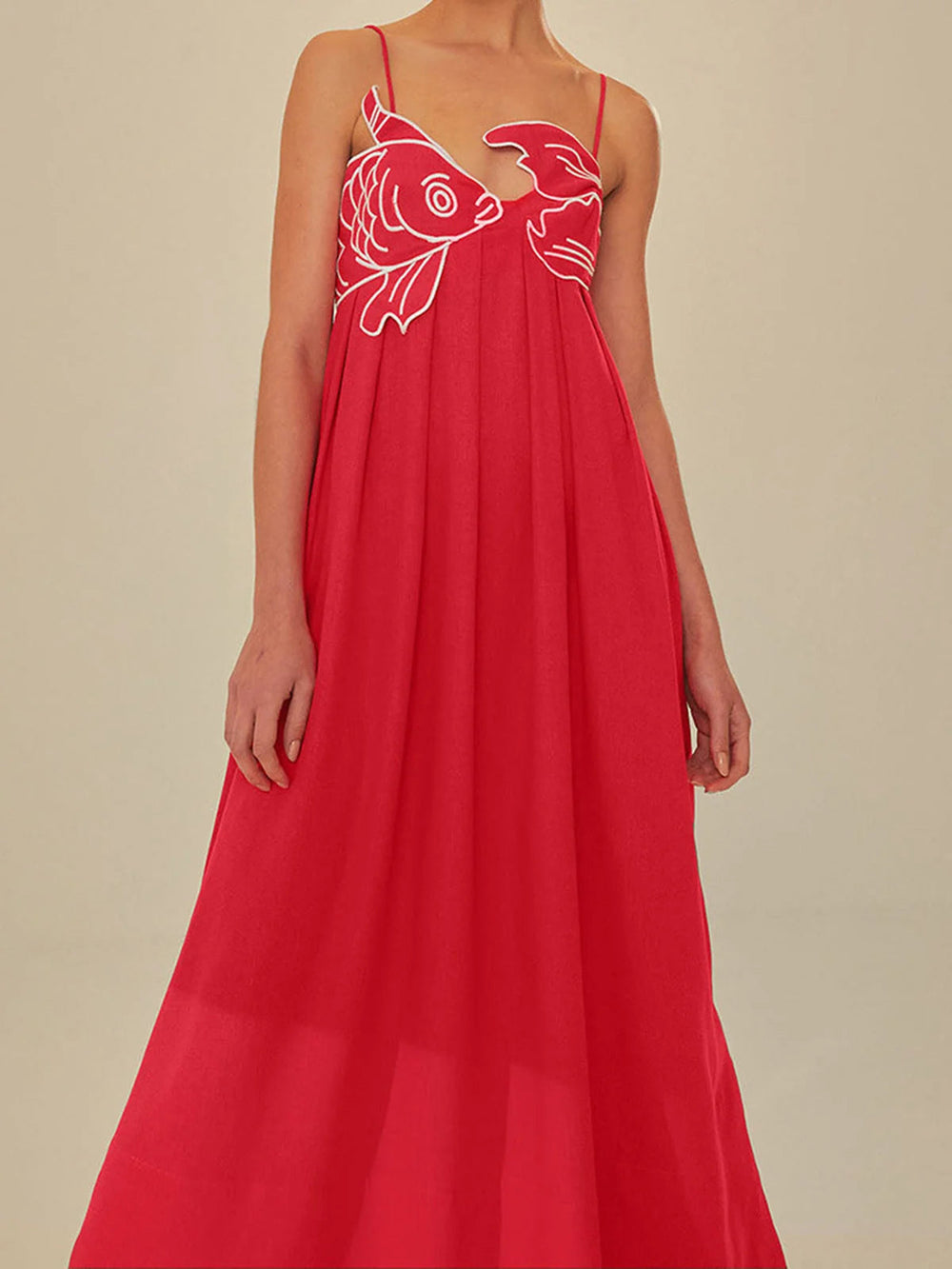 Robe longue d'été décontractée pour femme, dos nu, broderie poisson et jupe volantée, taille haute.