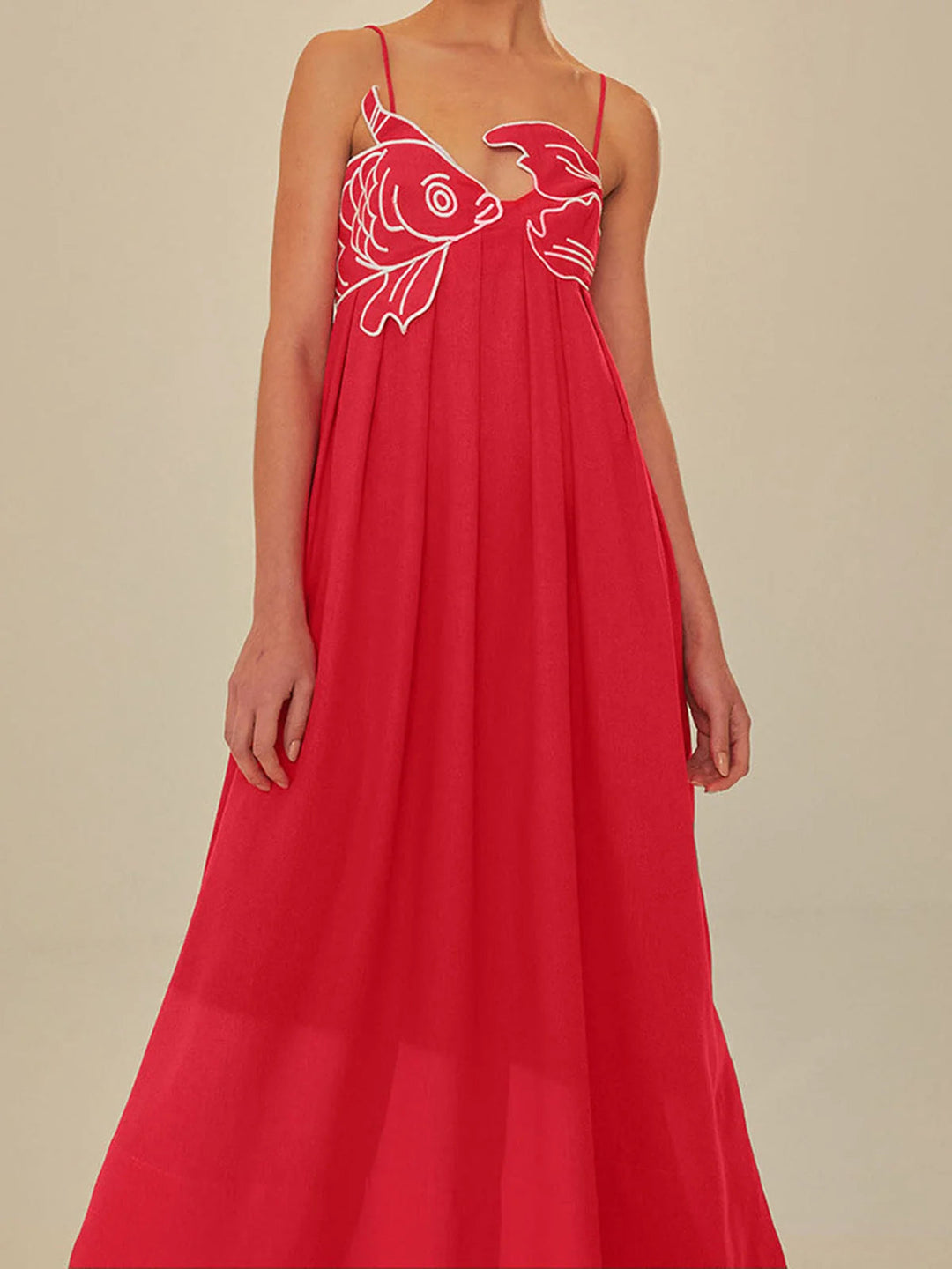 Robe longue d'été décontractée pour femme, dos nu, broderie poisson et jupe volantée, taille haute.