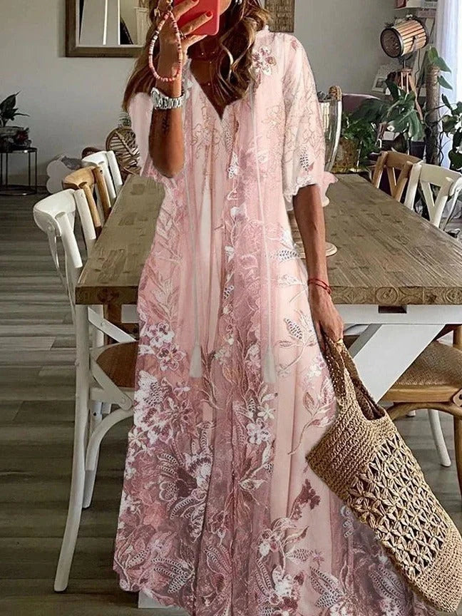 Élégante robe maxi femme rose brodée et dentelle. Style décontracté, convient grande taille été.