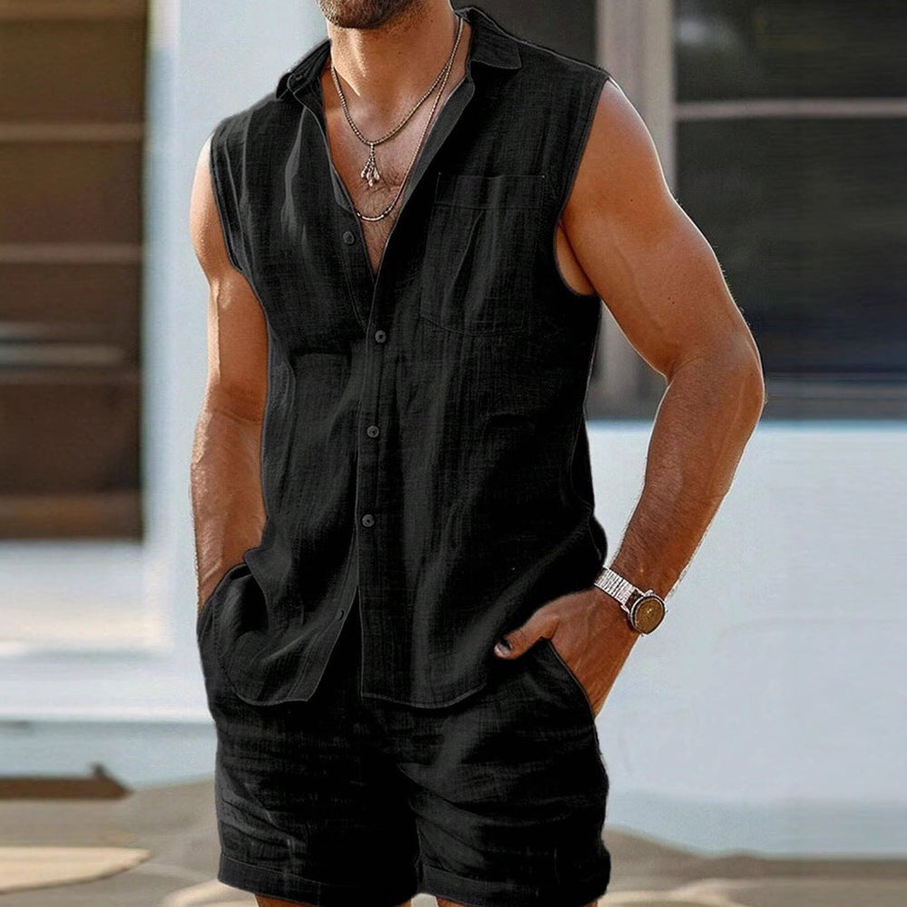 Tenue homme estivale décontractée en coton mélangé, ensemble sans manches et short, parfaite pour l'été.