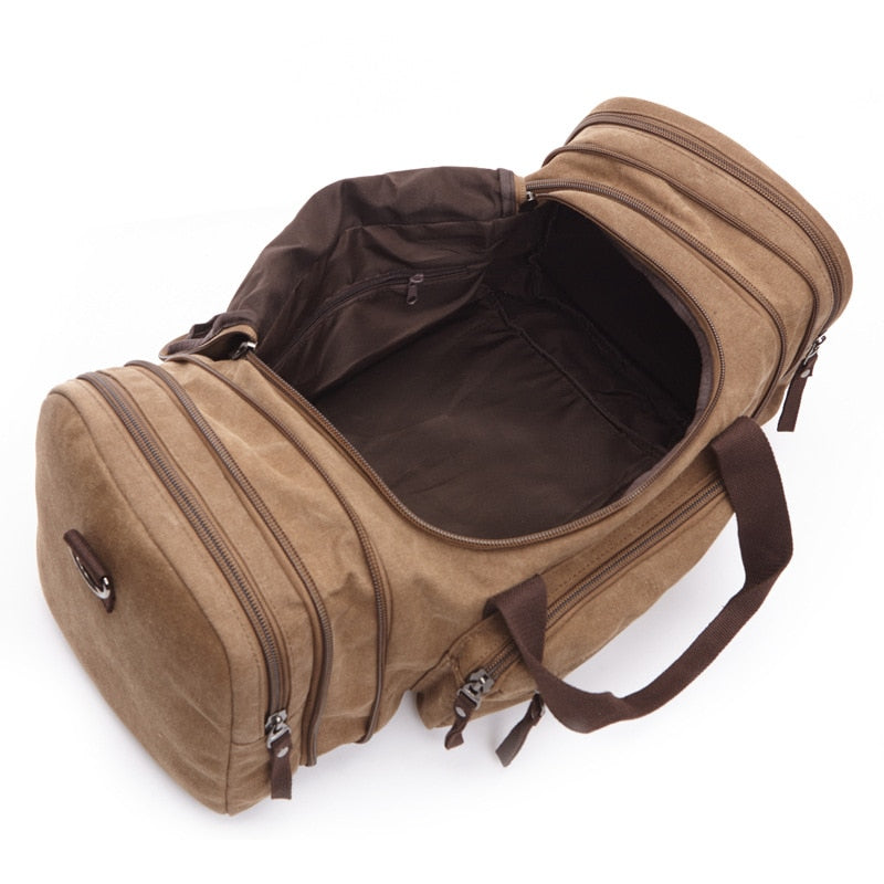 Accessoire homme : sac de voyage grand format en toile robuste, idéal pour un weekend ou une courte aventure.