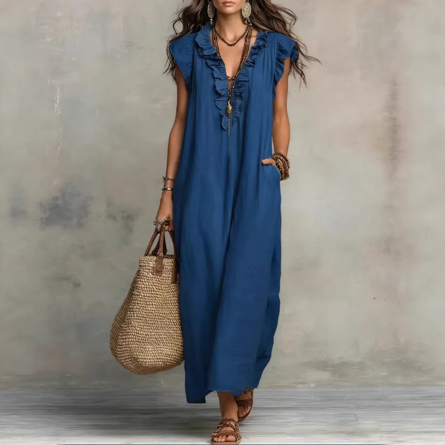 Robe maxi femme fluide et décontractée, sans manches, avec volants et poches. Parfaite pour l'été ou le printemps.