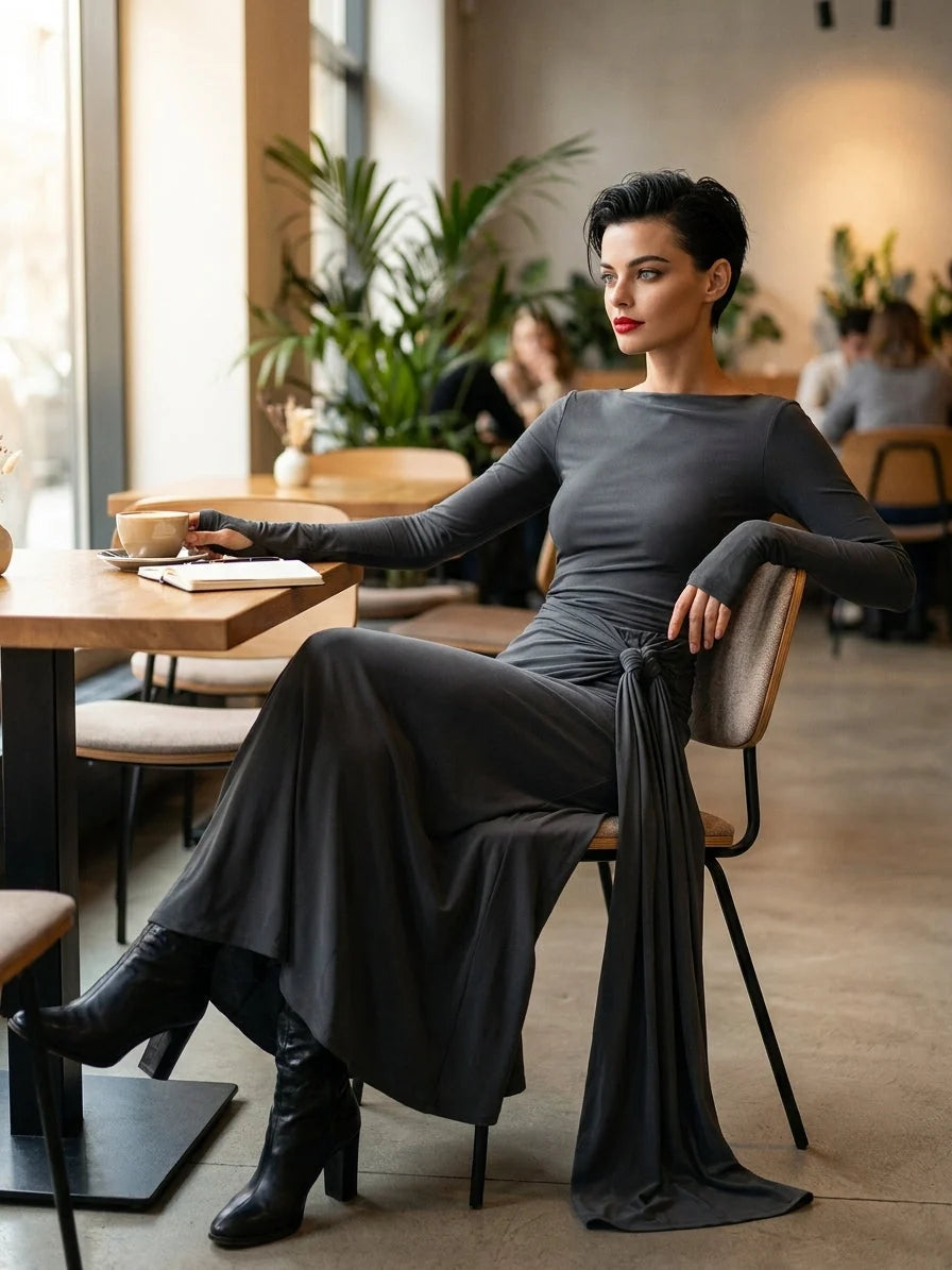Robe maxi hiver/automne femme, design portefeuille à nœud, manches longues pour chaleur et style.