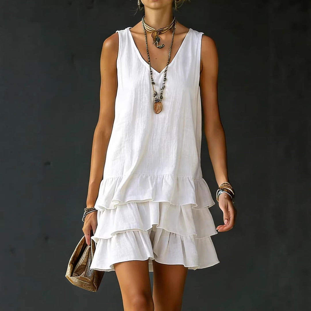 Robe mini fluide femme sans manches à volants, parfaite pour l'été ou le printemps, style décontracté chic.